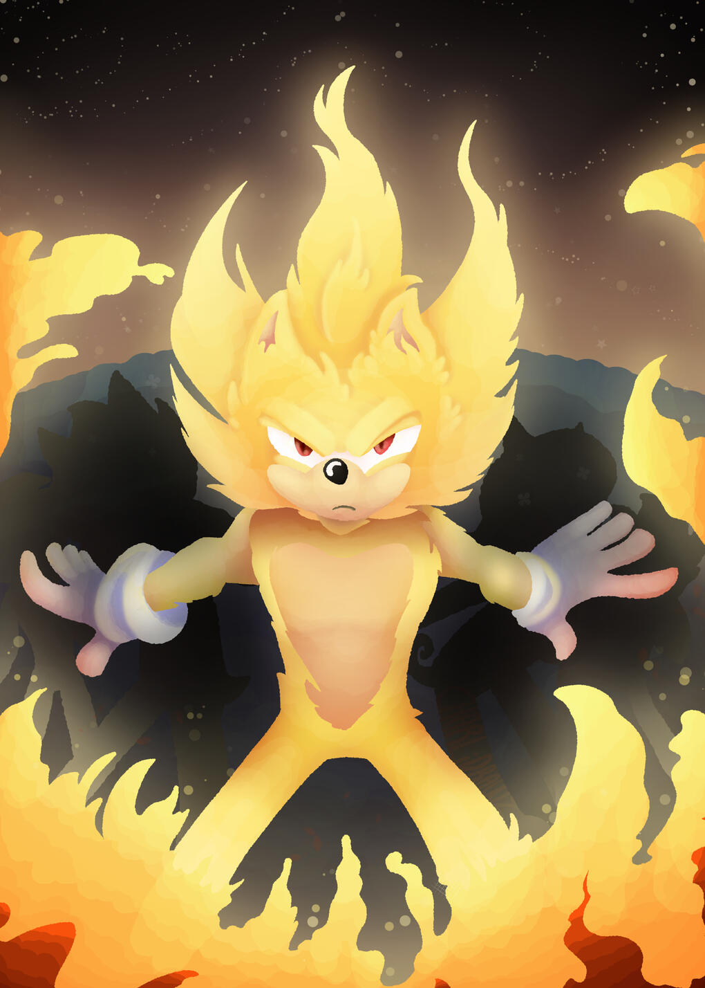 Super Sonic stands before a raging fire; Sonic's arms are stretched out, protecting groups of mobians behind. A night sky full of stars glimmers above.