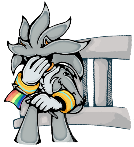 Digital fanart of Silver the Hedgehog based on a meme of a man on a bench holding a pride flag. (Shading style inspired by Yuji Uekawa's art.)