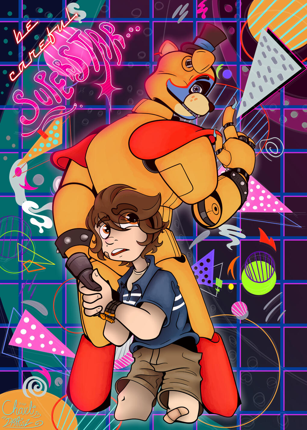 Personally made Five Nights at Freddy's: Security Breach Fanart of Gregory holding a flashlight with Glamrock Freddy behind him; the words "be careful, SUPERSTAR..." highlighted in neon above.