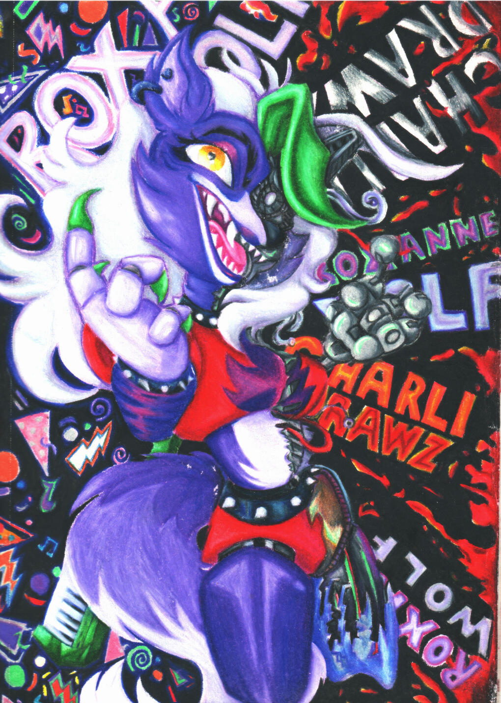 Personally made Five Nights at Freddy's: Security Breach Traditional Fanart of Roxanne Wolf; half of her form deteriorating in the shade with "Roxy", "Roxanne Wolf", & "CharliDrawz" in thick bold text behind her.